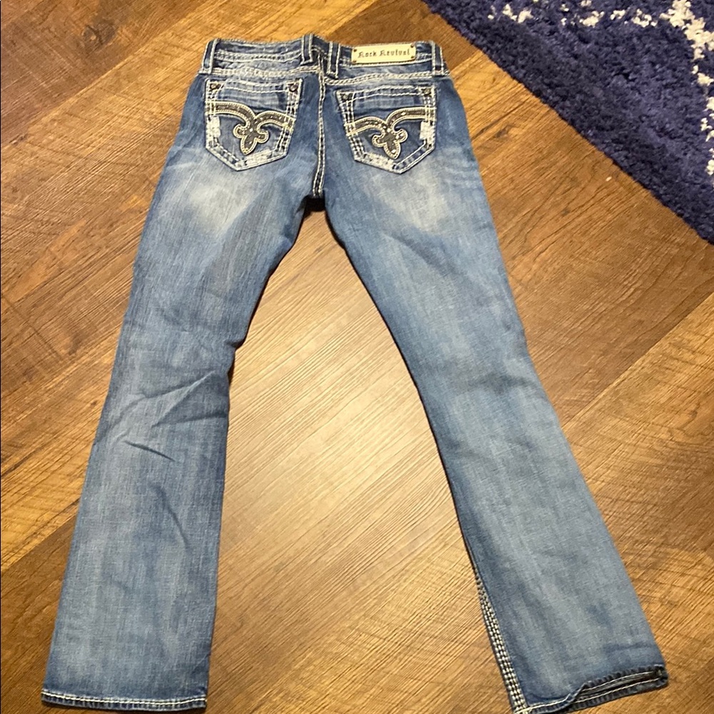 Rock Revival Blue Boot Cut Jeans with Decorative Stitching